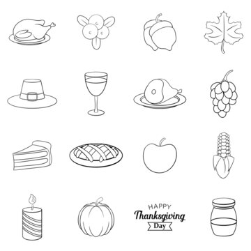 Thanksgiving set icons in outline style isolated on white background