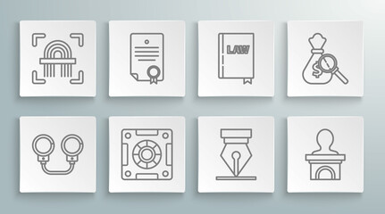 Set line Handcuffs, Certificate template, Safe, Fountain pen nib, Stage stand or debate podium rostrum, Law book, Money bag magnifying glass and Fingerprint icon. Vector