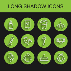 Set line Balloons with ribbon, Baby bottle, Cake burning candles, Happy little girl head, footprints, absorbent diaper and Rattle baby toy icon. Vector