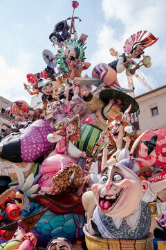 Valencia, Spain - 4 September 2021: Large 'Fallas' paper machine figurine installation designed by 'Paco Torres Josa', at the 'Placa de Pillar' which won the 2nd place at the 2021 competition