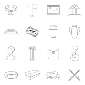 Museum set icons in outline style isolated on white background