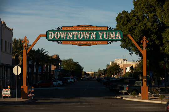 Yuma, Arizona, USA - January 3, 2022: Sunset view of the gateway sign to downtown Yuma.