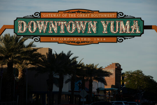 Yuma, Arizona, USA - January 3, 2022: Sunset view of the gateway sign to downtown Yuma.