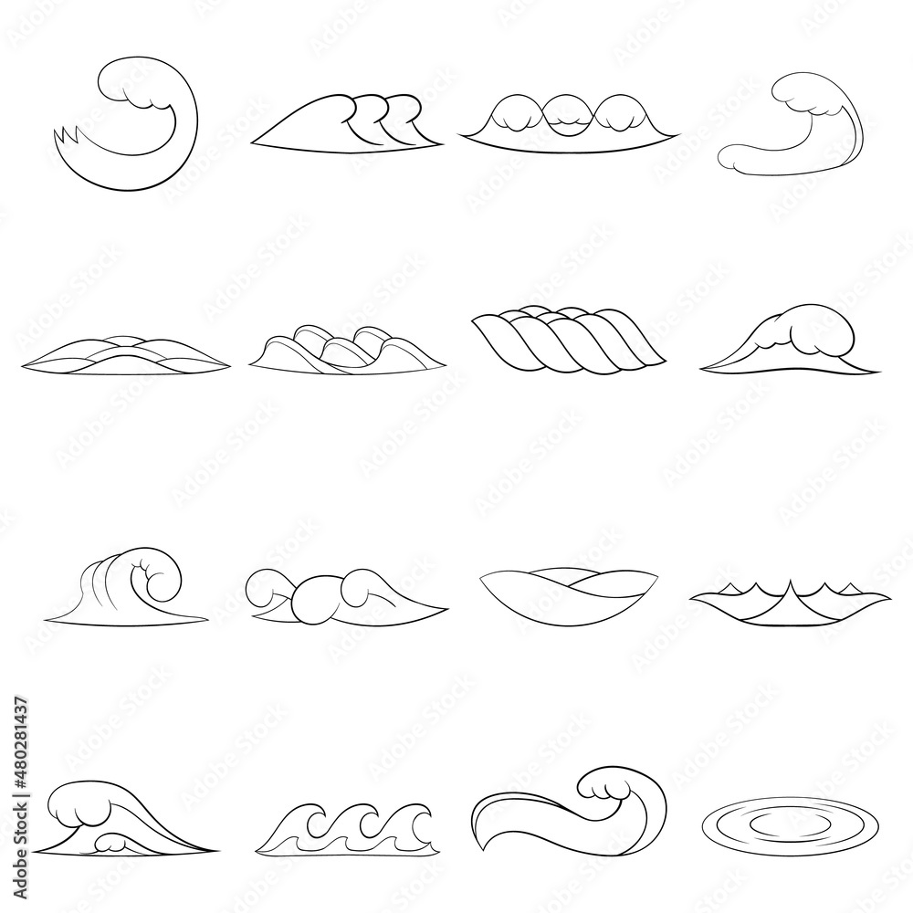 Poster waves set icons in outline style isolated on white background