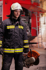 Professional firefighter in uniform wearing protective helmet and standing with emergency rescue equipment. Circular hydraulic cutting hard tool. Firetruck in the background.