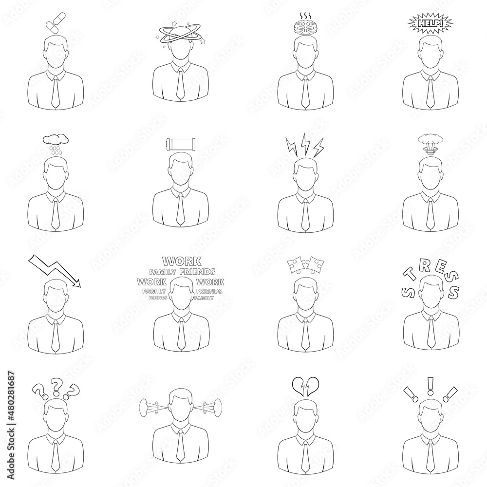 Wall mural stress set icons in outline style isolated on white background - Wall murals