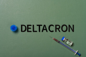 Deltacron and vaccine and syringe on a green background