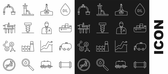 Set line Industry pipe, Oil industrial factory building, tanker ship, rig with fire, Rotating drill digging hole, platform the sea, and valve and Businessman stock market trader icon. Vector