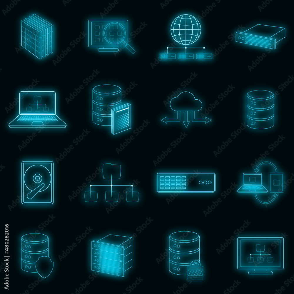 Aufkleber data base icons set. illustration of 16 data base vector icons neon color on black