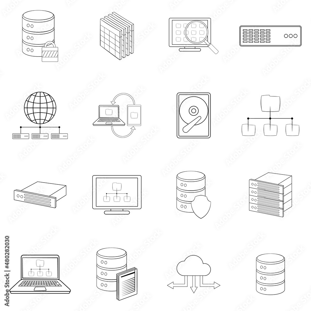 Aufkleber data base set icons in outline style isolated on white background