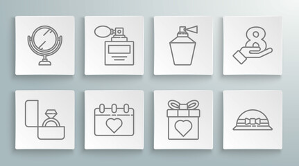 Set line Diamond engagement ring, Perfume, Calendar with 8 March, Gift box and heart, Elegant women hat, hand and Round makeup mirror icon. Vector