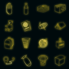 Refugees icons set. Illustration of 16 refugees vector icons neon color on black