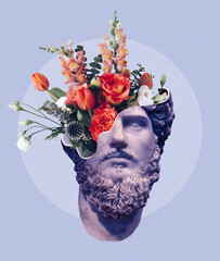 Contemporary art collage concept. Flowers coming out of male statue head. Modern. Unusual. Surrealism