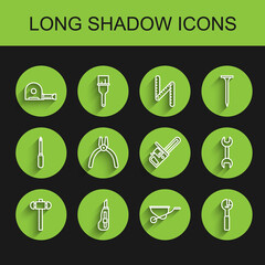 Set line Sledgehammer, Stationery knife, Roulette construction, Wheelbarrow, Adjustable wrench, Pliers tool, Wrench spanner and Chainsaw icon. Vector