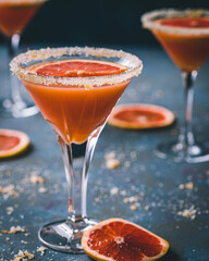 grapefruit martini with sugar rimmed glasses and garnished with slices of grapefruit