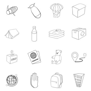 Refugees set icons in outline style isolated on white background