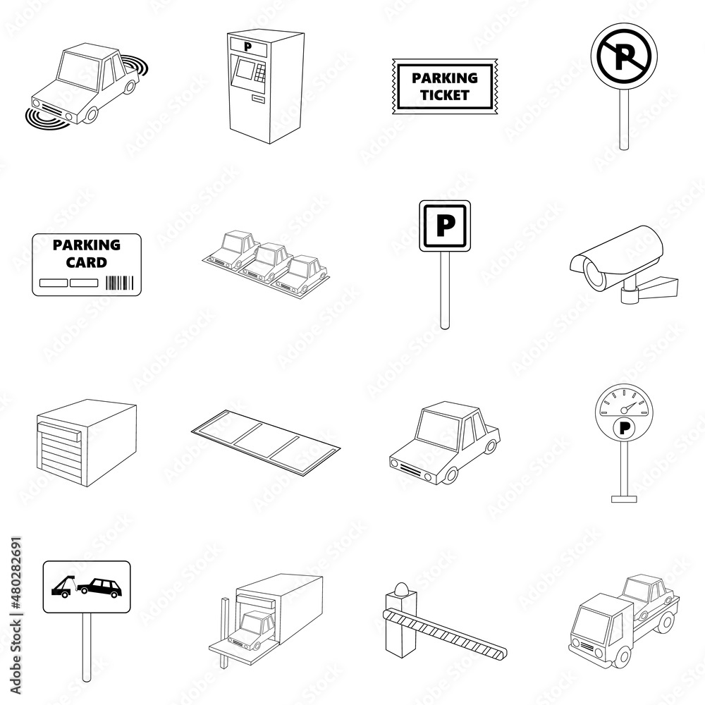 Poster parking items set icons in outline style isolated on white background