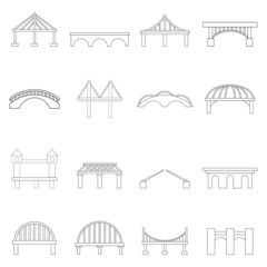 Bridge construction set icons in outline style isolated on white background