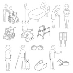 Disability people care set icons in outline style isolated on white background