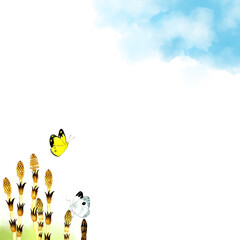 つくしと蝶々の背景素材　春の手描き水彩イラスト素材
