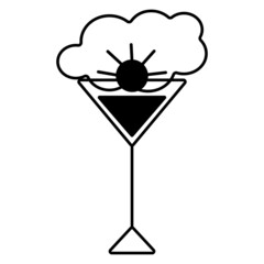 Black and white logo with images of a filled cocktail glass with the sun on a cloud background. Icon.