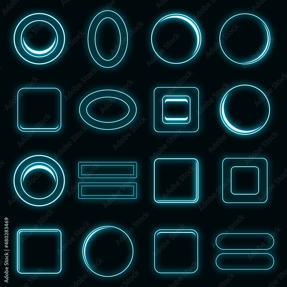 Poster blank web buttons icons set. illustration of 16 blank buttons vector icons neon color on black
