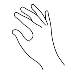 The right human hand is waving. Hand drawn vector icon isolated on white background. Gesture of greeting, farewell, palm raised up. Simple monochrome sketch, outline, doodle. Flat clipart