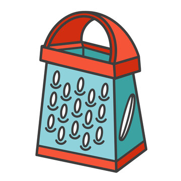 recommend clip art: Grater vector icon. Hand drawn illustration isolated on white background. Kitchen tool for chopping cheese, vegetables, fruits. Flat cartoon style, colored doodle. Culinary clipart for decoration