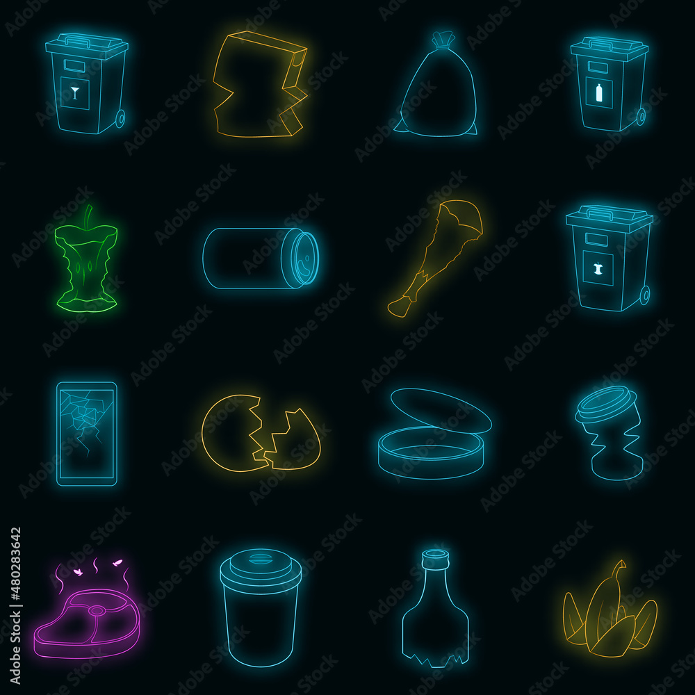 Poster garbage items icons set. illustration of 16 garbage items vector icons neon color on black