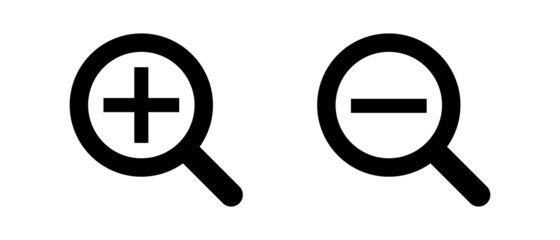Fototapeta premium A set of zooming magnifying glass and zooming out magnifying glass icons. Vector.