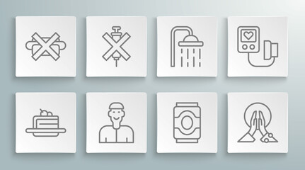 Set line Cake, No doping syringe, Positive thinking, Soda can, Meditation, Shower head, Blood pressure and junk food icon. Vector