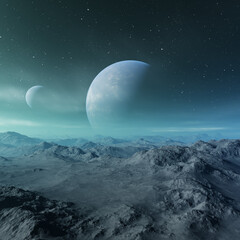 Fototapeta na wymiar 3d rendered Space Art: Alien Planet - A Fantasy Landscape with blue skies and stars
