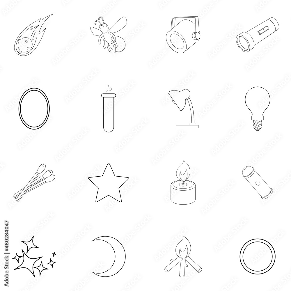 Poster sources of light set icons in outline style isolated on white background