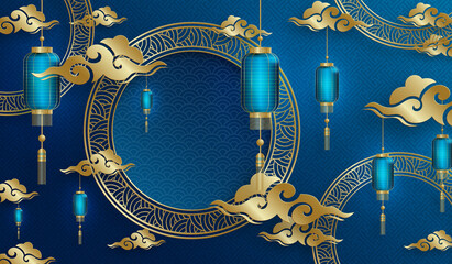 Happy China Lantern Festival, Chinese lanterns with gold paper cut art and craft style on color background