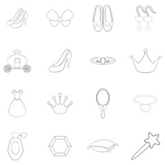 Princess doll set icons in outline style isolated on white background