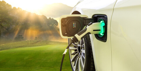 Power supply connect to electric car with nature background. Technology transport which are the...