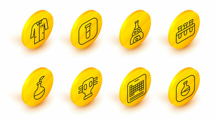 Set line Test tube and flask, Periodic table, Gas mask, Plant breeding, on fire, and Laboratory uniform icon. Vector