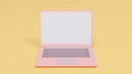 Pink laptop blank screen on yellow background. laptop mock-up for logo or your message. Minimal idea concept, 3D Render.