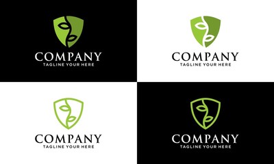 illustration of shield and leaf. nature logo vector design template. on a black and white background.
