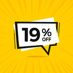 19% off. Discount 19 percent. Yellow banner with floating balloon for promotions and offers.