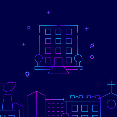 Luxury house, hotel, condo gradient line vector icon, simple illustration on a dark blue background, cityscape buildings related bottom border.