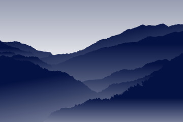 Mountain landscape with silhouettes of forest trees. Perfect to use for Background. Dark Blue Color Silhouette