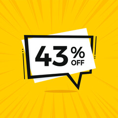43% off. Discount 43 percent. Yellow banner with floating balloon for promotions and offers.