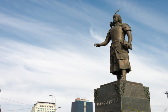 ULAANBAATAR, MONGOLIA - Jun 25 2017: Marco Polo Statue in Ulaanbaatar, Mongolia. Marco Polo (1254-1324) was an Italian merchant, explorer.