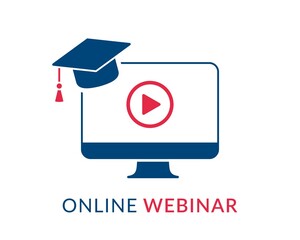 Online webinar concept, online learning, web conference, distance education, online course, video lecture, work from home icon with graduation hat
