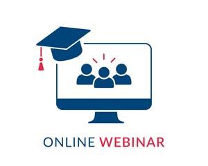 Online webinar concept, online learning, web conference, distance education, online course, video lecture, work from home icon with student, audience and graduation hat