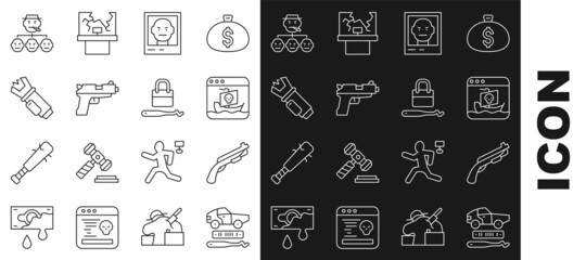 Set line Car theft, Police shotgun, Internet piracy, Wanted poster, Pistol or, electric shocker, Mafia and Lock picks for lock picking icon. Vector
