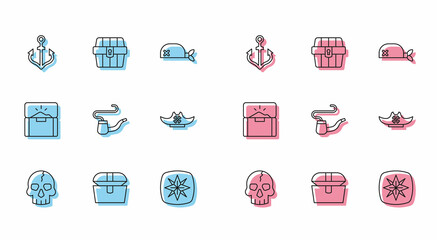 Set line Skull, Antique treasure chest, Anchor, Wind rose, Smoking pipe, Pirate hat, and icon. Vector