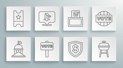 Set line White House, Eagle, Vote, Shield with dollar, Barbecue grill, box, and Baseball ticket icon. Vector