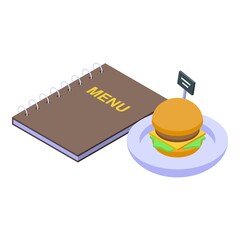 Street cafe burger menu icon isometric vector. City restaurant. Cafeteria shop